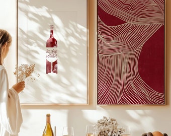 Gallery Wall Set of 2 Cherry Red Abstract Lines Bottle Glass Wine In Vino Veritas Printable Art Kitchen Decor Valentines Gift Digital Poster