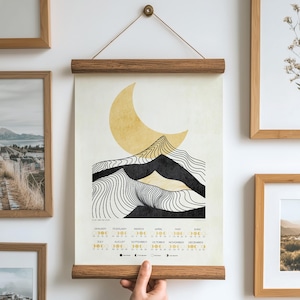 Mondphasen-Diagramm 2027, Mondkalender, abstrakte Linien, Berge, goldener Mond, Poster zum Ausdrucken, Wanddekoration für Schlafzimmer und Büro, SOFORT-DOWNLOAD