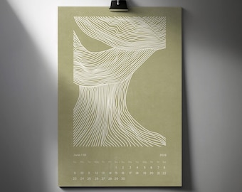 May include: A sage green 2025 calendar print featuring a white abstract line art design. The design resembles a tree or landscape. The calendar is clipped to a wall with a black clip. The month of June is visible.