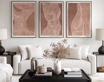Gallery Wall Set of 3 piece wall art Trendy Mocha Mousse Abstract Lines Silhouette | Printable Large Contemporary Decor | Digital Poster