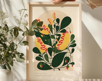 Arte de pared imprimible de perrito caliente vintage con kétchup de mostaza en panecillo / Impresiones botánicas de comida rápida americana / Decoración de cocina moderna / Póster digital