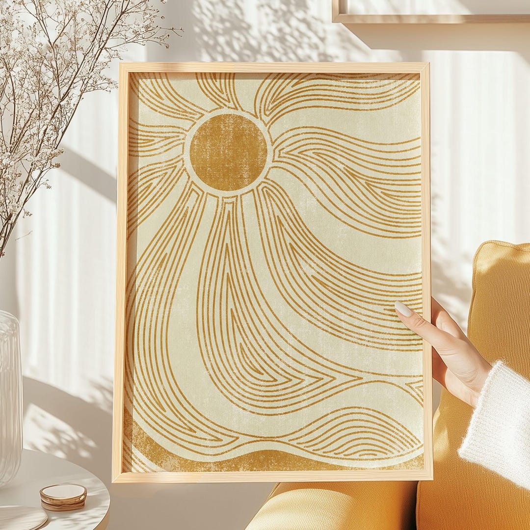 Japanese Gold Ochre Sun Abstract Line Printable Wall Art Large