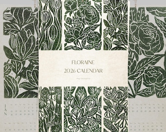 May include: A 2026 calendar with a floral design in green and white. The calendar is labeled "FLORAINE" and features a variety of botanical illustrations. The month of January is visible on the left side.