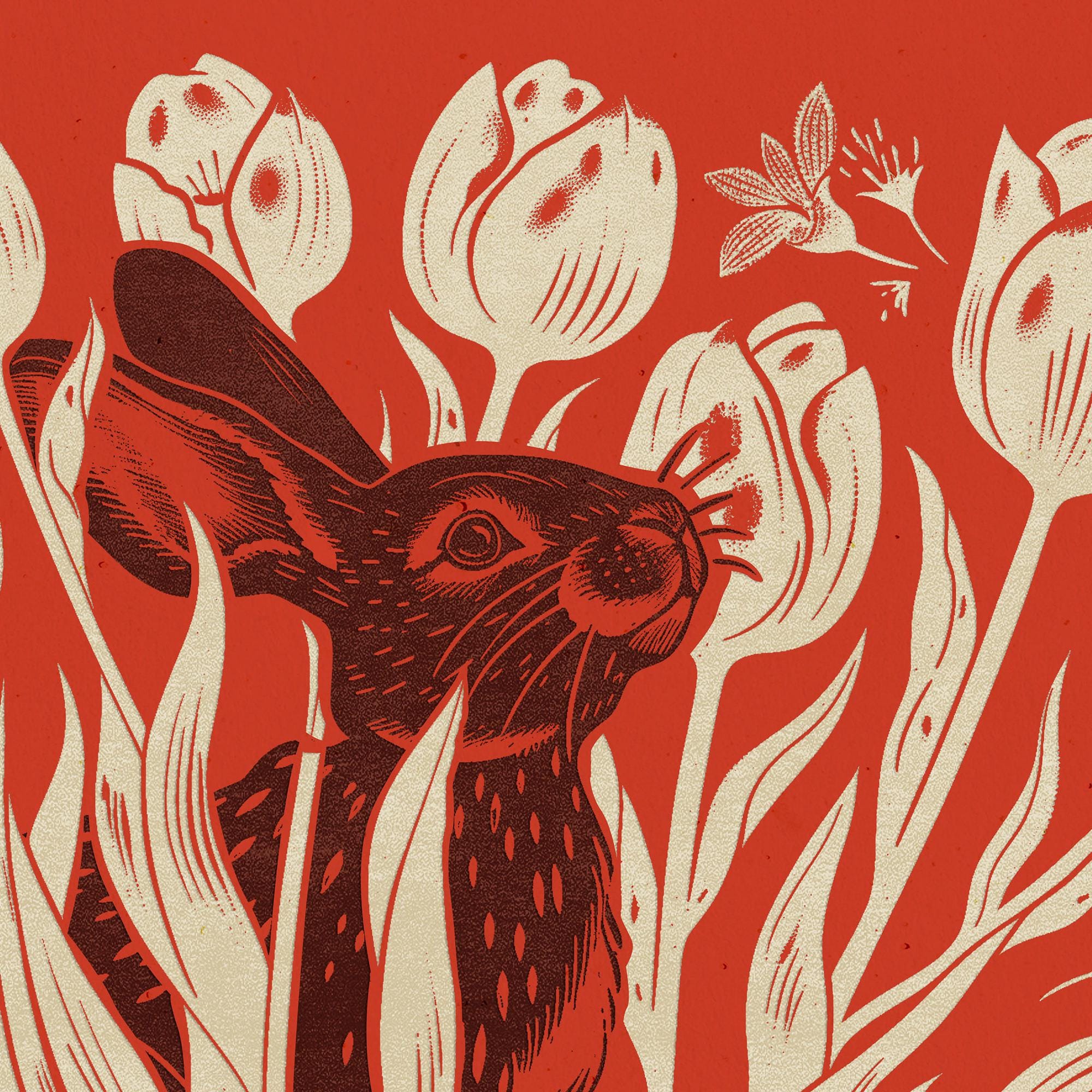 Cherry Red Brown Rabbit Beige Tulip Flowers Printable Linocut Prints ...