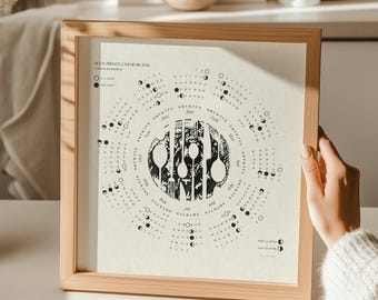 May include: A framed print of a moon phases calendar for 2026. The calendar is circular, with the months and days of the week arranged around the edge. The center features a black and white illustration of cutlery. The frame is made of light-colored wood.