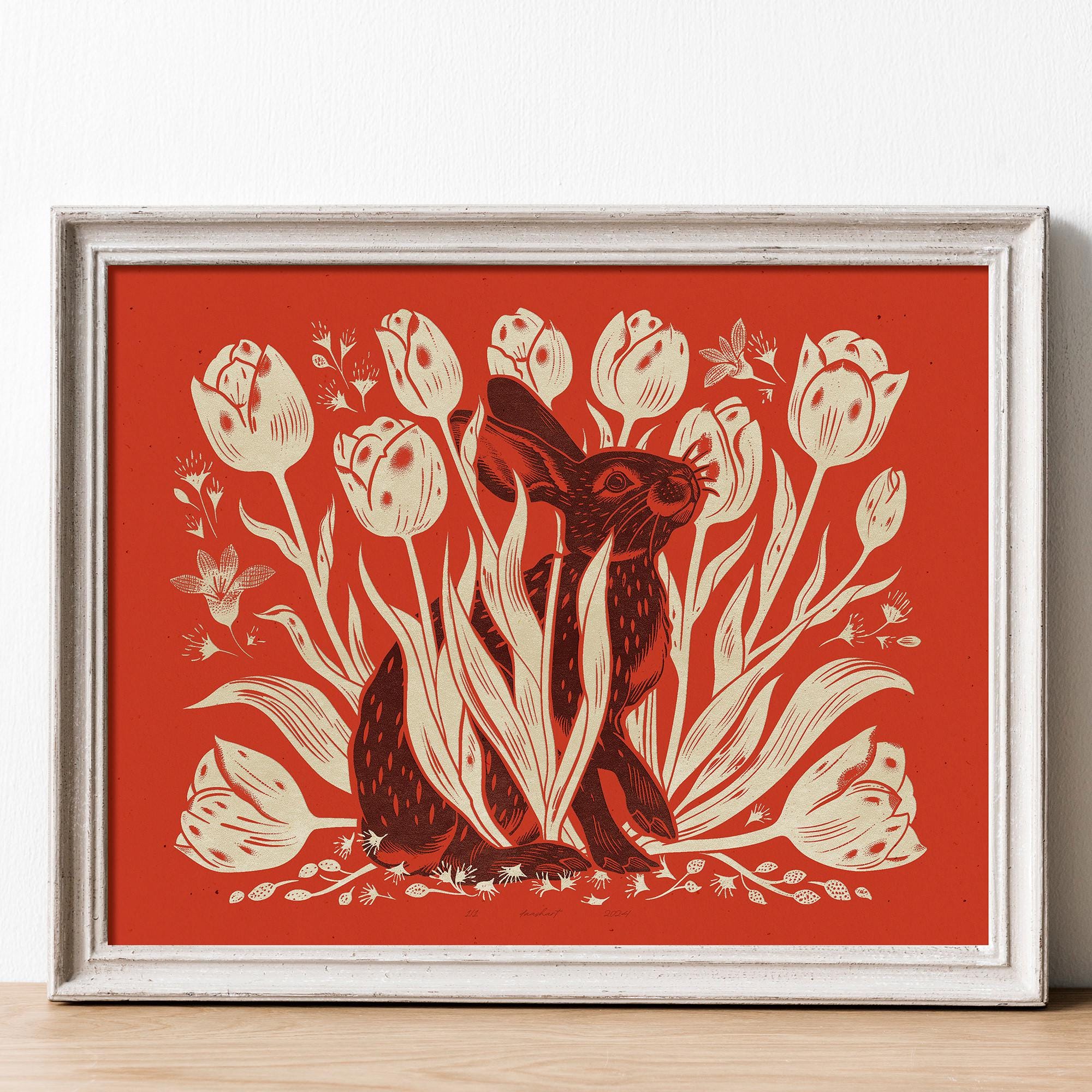 Cherry Red Brown Rabbit Beige Tulip Flowers Printable Linocut Prints ...