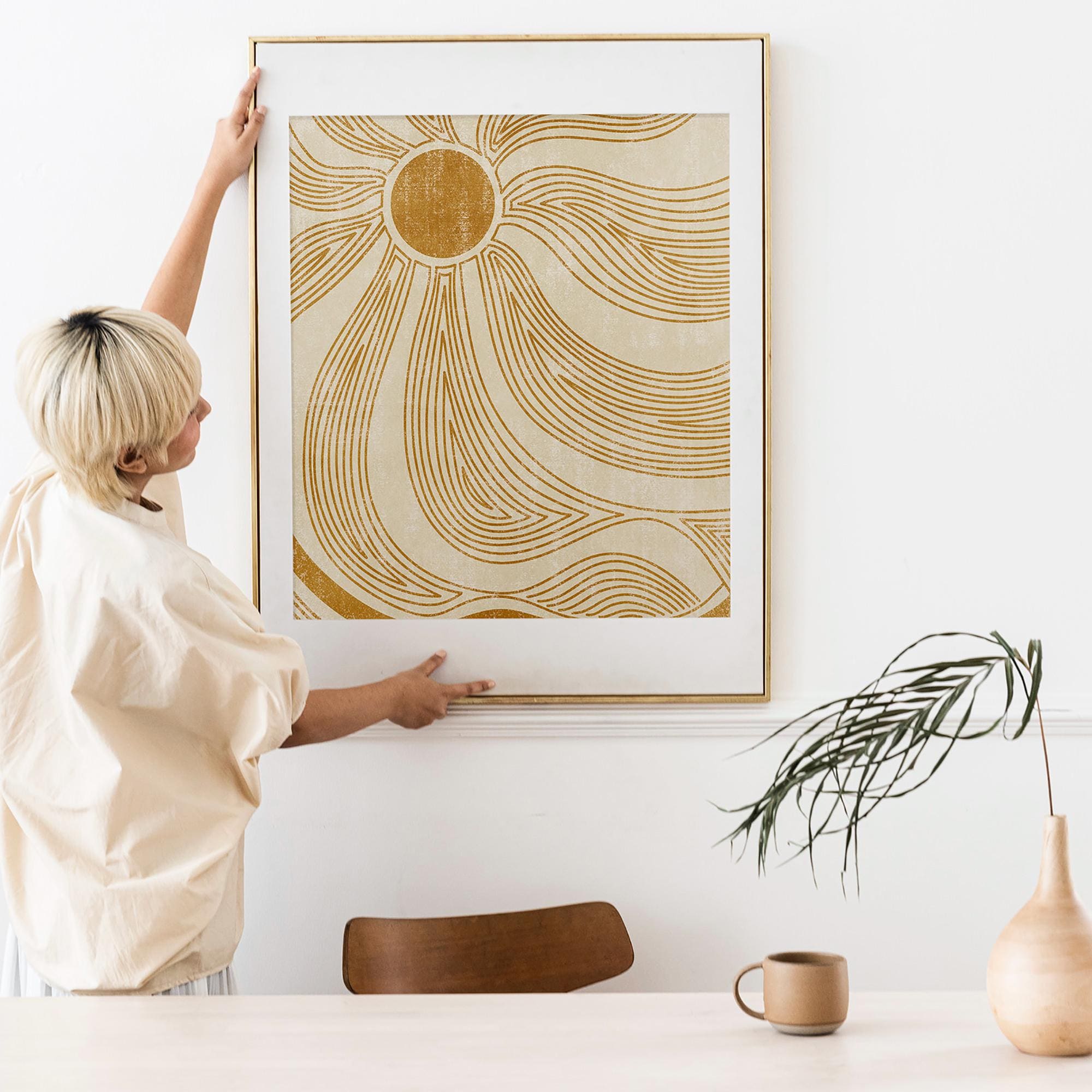 Japanese Gold Ochre Sun Abstract Line Printable Wall Art Large