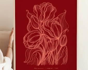 Vintage Sketch Tulips Flowers | Trendy Cherry Red Printable Wall Art | Lines Prints | Bedroom Decor | Mothers Day Gift Ideas Digital Poster