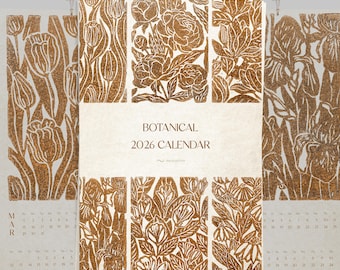 May include: A botanical 2026 calendar featuring detailed floral illustrations in shades of brown and cream. The calendar displays the month of March with dates visible. The design includes various flower patterns.