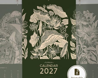 2027 Printable Wall Calendar Flowers Monthly 11x17 Linocut Illustrated Living Decor New Year Hostess Grandmother Self Gift INSTANT DOWNLOAD