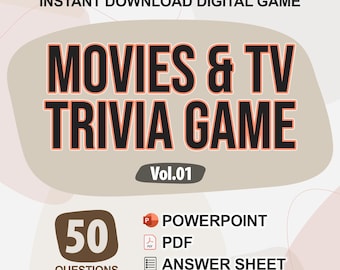 Pode incluir: Um download digital para um jogo de perguntas e respostas sobre filmes e televisão. O jogo inclui 50 perguntas e está disponível nos formatos PowerPoint, PDF e folha de respostas. O jogo é intitulado "Movies & TV Trivia Game Vol. 01".