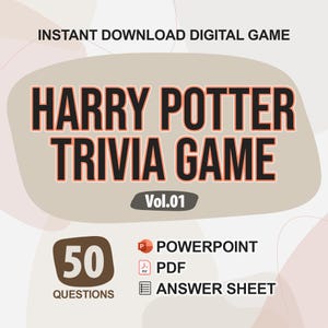 Puede incluir: Una descarga digital de un juego de preguntas y respuestas de Harry Potter con 50 preguntas. El juego está disponible en PowerPoint, PDF e incluye una hoja de respuestas. La imagen presenta un fondo marrón con el texto "Harry Potter Trivia Game" en blanco y negro.