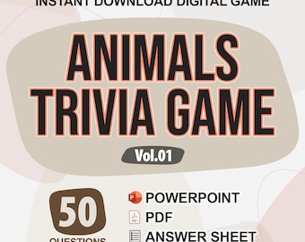 Op de afbeelding: Een digitale download voor een dierenquizspel met 50 vragen. Het spel is beschikbaar in PowerPoint, PDF en bevat een antwoordblad. De tekst op de afbeelding luidt "Direct downloaden Digitaal spel Dieren Quizspel Vol.01 50 Vragen PowerPoint PDF Antwoordblad"
