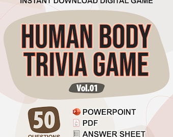 Op de afbeelding: Een digitale download voor een quizspel over het menselijk lichaam met 50 vragen. Het spel is beschikbaar in PowerPoint, PDF en bevat een antwoordblad. De tekst "Vol.01" wordt op de afbeelding weergegeven.