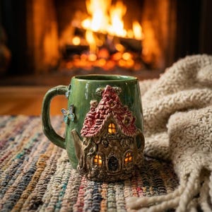 May include: A green ceramic mug featuring a three-dimensional sculpted cottage with a textured pink roof and illuminated windows. The mug is decorated with small blue butterfly accents on the side and has a sturdy handle for gripping.