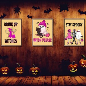 Halloween Poster Set (6 Prints) | Funny Pinkoween Wall Art | Cute Witch & Cat Decor | Stay Spooky | Digital Download