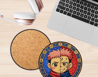 Posavasos Chibi con la Maldición de la Cara Partida: Posavasos de cerámica con doble personalidad inspirado en el anime y parte trasera de corcho / Arte del Rey Demonio Kawaii de PunnyPark