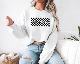 Embroidered! Checkered Racing Name Crewneck Sweatshirt Motorsports Hoodie