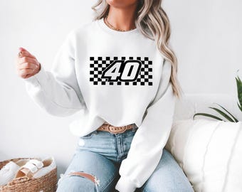 Geborduurd! Geruit Racing Number-sweater met ronde hals Motorsports-hoodie