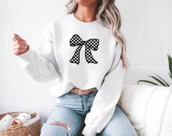 Embroidered! Checkered Bow Crewneck Sweatshirt Motorsports Hoodie