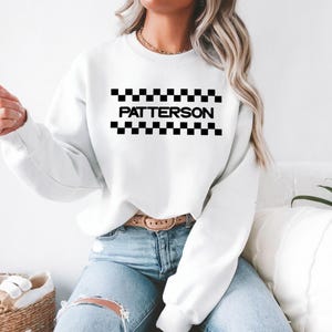 Embroidered! Checkered Bars Racing Name Crewneck Sweatshirt Motorsports Hoodie