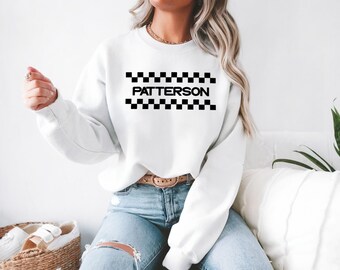 Embroidered! Checkered Bars Racing Name Crewneck Sweatshirt Motorsports Hoodie