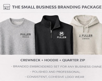 Pacchetto di abbigliamento con logo personalizzato: felpa con cappuccio girocollo ricamata e cerniera a un quarto - Pacchetto di branding per piccole imprese