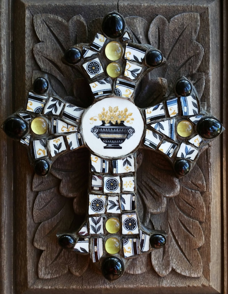 Vintage China Floral Urn mosaic cross