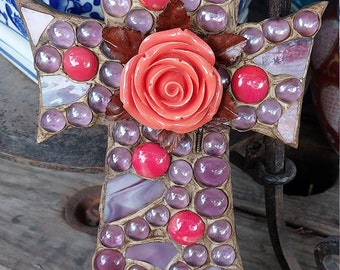 Lavender and coral rose mosaic cross