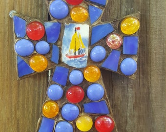 Little Red Sailboat Nautical Mosaic Cross