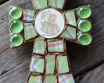 Pastel Green plaid little girl mosaic cross
