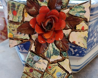 Rustic red orange rose mosaic cross