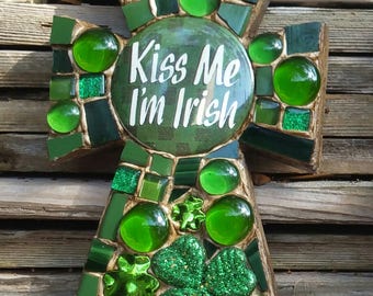 KISS ME I'M IRISH mosaic cross