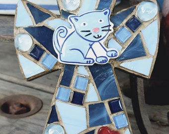 Blue kitty cat mosaic cross