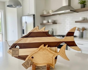 Handmade Fish Cutting Board Set – Wooden Serving Boards with Stand