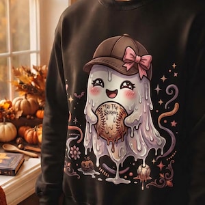 Tis The Season Baseball Ghost PNG | Halloween Baseball Pink Bow Sublimation Design