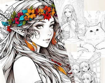 May include: A coloring book with 50 pages featuring a variety of illustrations, including a woman with a flower crown, a cat, and astronauts. The book is titled "Colors of Heaven".