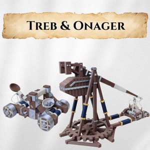May include: Two wooden catapult models, a trebuchet and an onager, are shown against a white backdrop. The trebuchet is on the left, with a spoon-like projectile holder. The onager is on the right, with a large wooden wheel. The text "TREB & ONAGER" is at the top.