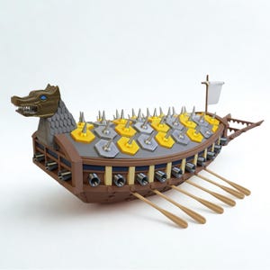 May include: A detailed model of a Korean turtle ship, featuring a dragon head, numerous spikes, and a small white flag. The ship is primarily brown, with yellow and grey accents, and includes oars. A unique historical replica.