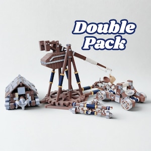 May include: A double pack of wooden model siege engines, including a trebuchet, a battering ram, and two catapults. The models are brown, blue, and silver, with the words "Double Pack" in the upper right corner.