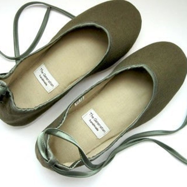 Eco-chic Handmade Vegan Flats in Olive Green -902D Reserved for Sally