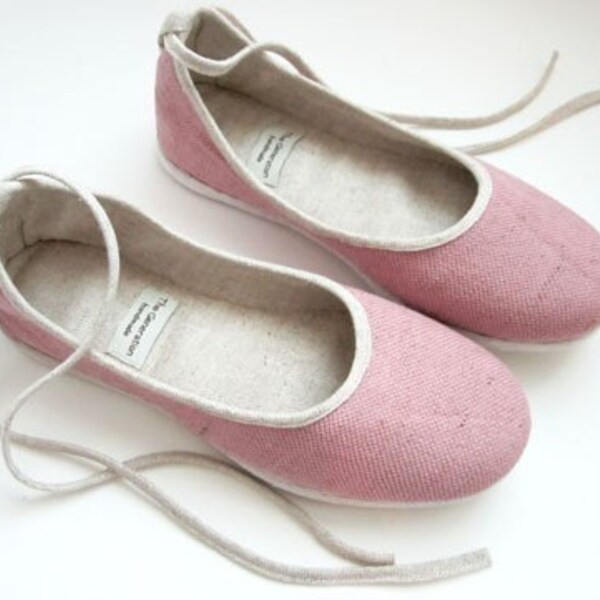 Handmade Pink Natural Linen Vegan Ballet Flats - 901D