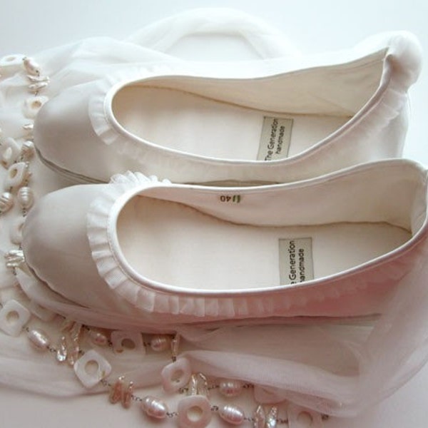Handmade Vegan Bridal Flats with Tulle Trim - 902M (satin) size 8.5 Ready to Ship