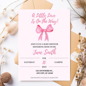 Pink Love Baby Shower Invitation Template Printable, Girl Baby Shower, Digital Template on Canva, Baby Shower Template Pink Bow