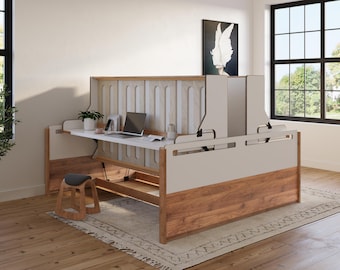 Metallbett, Bett mit Sitzfläche, Bett mit Kopfteil, gepolstertes Bett, modernes Bett für Schlafzimmer, Eichenbett, Schlafzimmermöbel