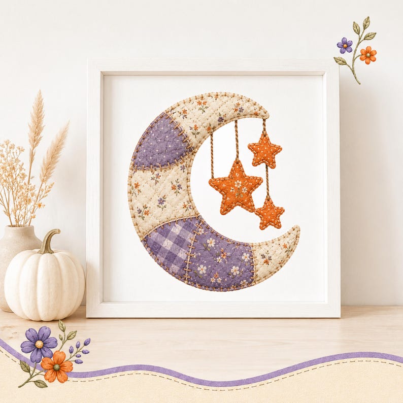 Quilted crescent moon with three stars hanging, framed, with a pumpkin and dried flowers.