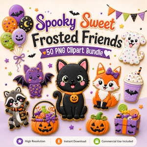 Op de afbeelding: Een digitaal clipart-pakket getiteld Spooky Sweet Frosted Friends met 50 PNG-afbeeldingen van koekjes in Halloween-thema. De illustraties bevatten een zwarte kat, vleermuis, wasbeer, vos, hond, pompoen, snoepmandje en een paarse drankbeker.