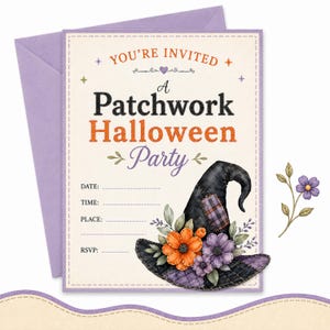 Halloween party invitation with witch hat, flowers, and RSVP details.
