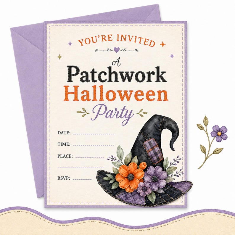 Halloween party invitation with witch hat, flowers, and RSVP details.
