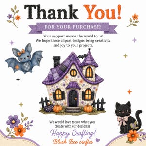 Sewn patchwork Halloween house with bat, cat, pumpkins, and "Thank You" message.